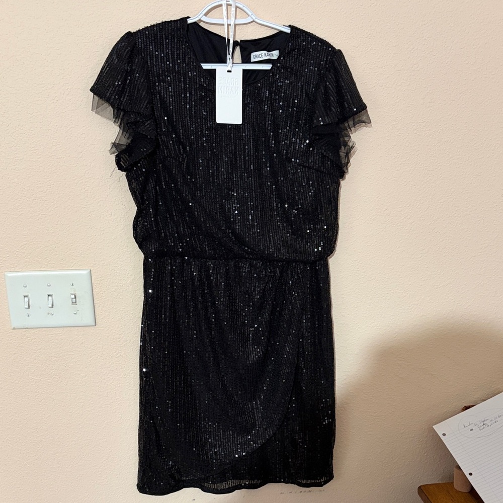 Grace Karin Black Sequin Mini Dress with Flutter Sleeves